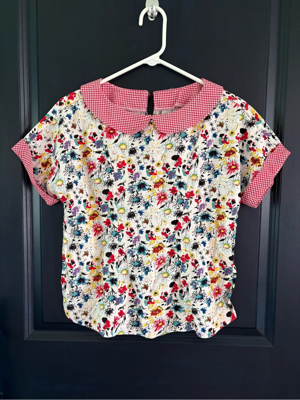 Vtg 60s/70s Handmade Floral Blouse Red Gingham Peter Pan Collar Cottagecore